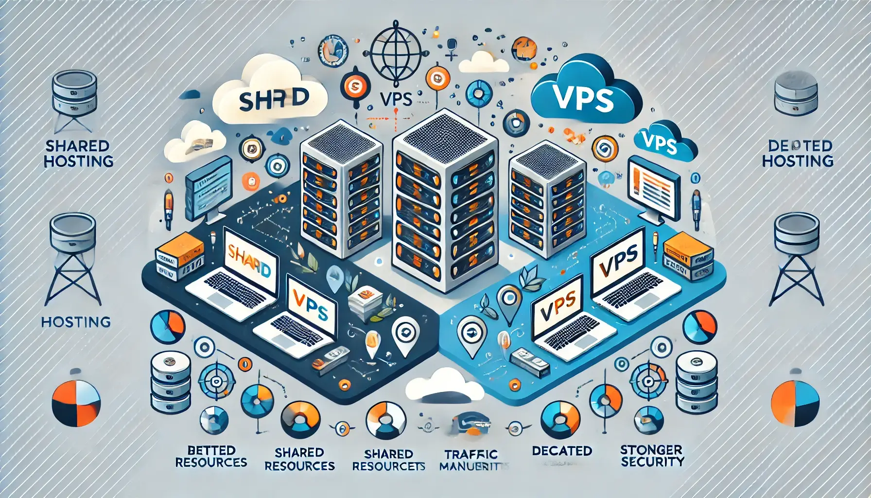 Shared vs. VPS Hosting comparison of features, performance, and costs.