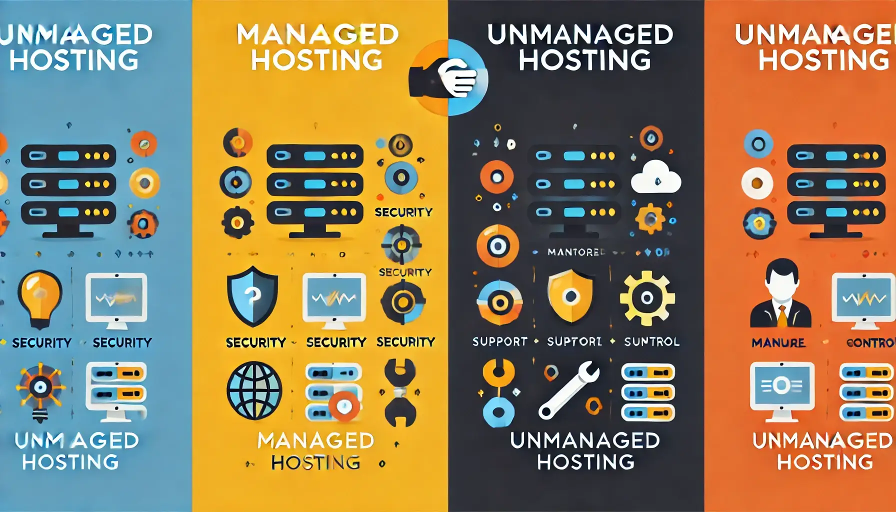 Managed vs. Unmanaged Hosting comparison of features, control, and benefits for businesses.