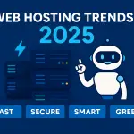 Alt Text: Banner image titled "Web Hosting Trends 2025" featuring a friendly AI robot pointing upward next to stacked servers, with icons for FAST, SECURE, SMART, and GREEN highlighted on a tech-inspired blue background.