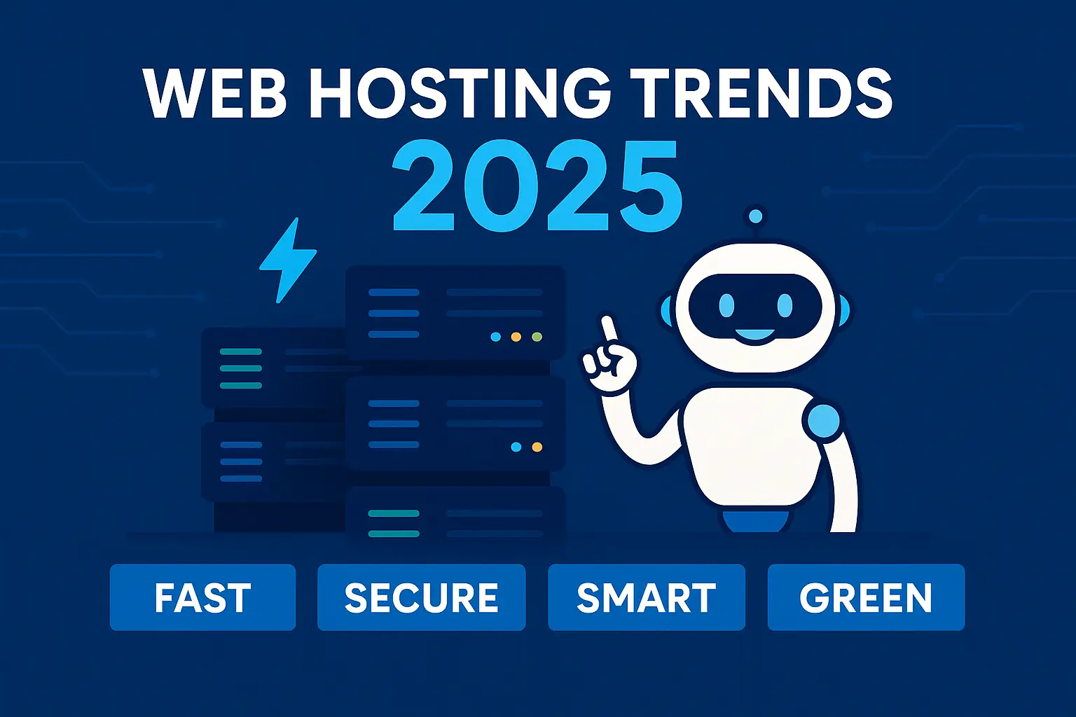 Alt Text: Banner image titled "Web Hosting Trends 2025" featuring a friendly AI robot pointing upward next to stacked servers, with icons for FAST, SECURE, SMART, and GREEN highlighted on a tech-inspired blue background.