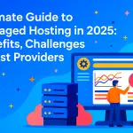 Managed Hosting in 2025 digital illustration showing futuristic cloud servers, support agents, security features, and high-performance infrastructure.