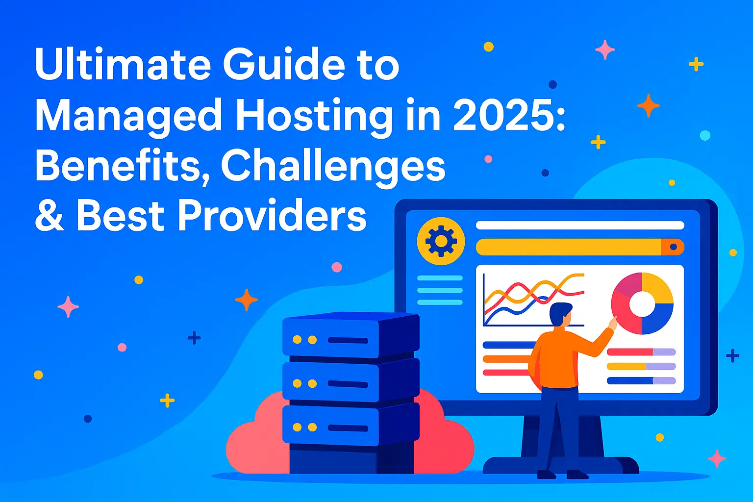 Managed Hosting in 2025 digital illustration showing futuristic cloud servers, support agents, security features, and high-performance infrastructure.