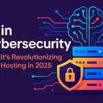 AI in Cybersecurity infographic for web hosting with servers, shield, and AI icons.