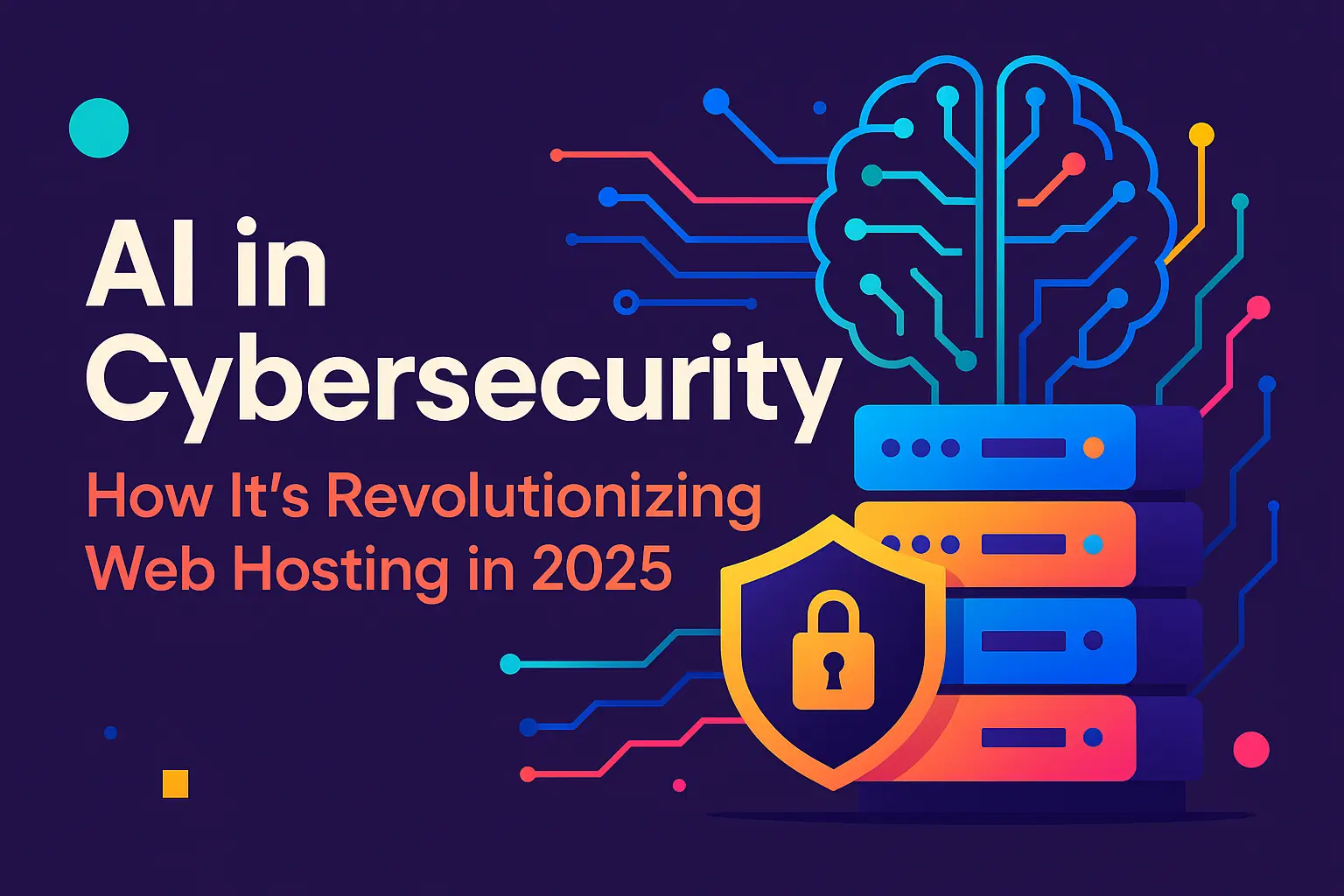 AI in Cybersecurity infographic for web hosting with servers, shield, and AI icons.
