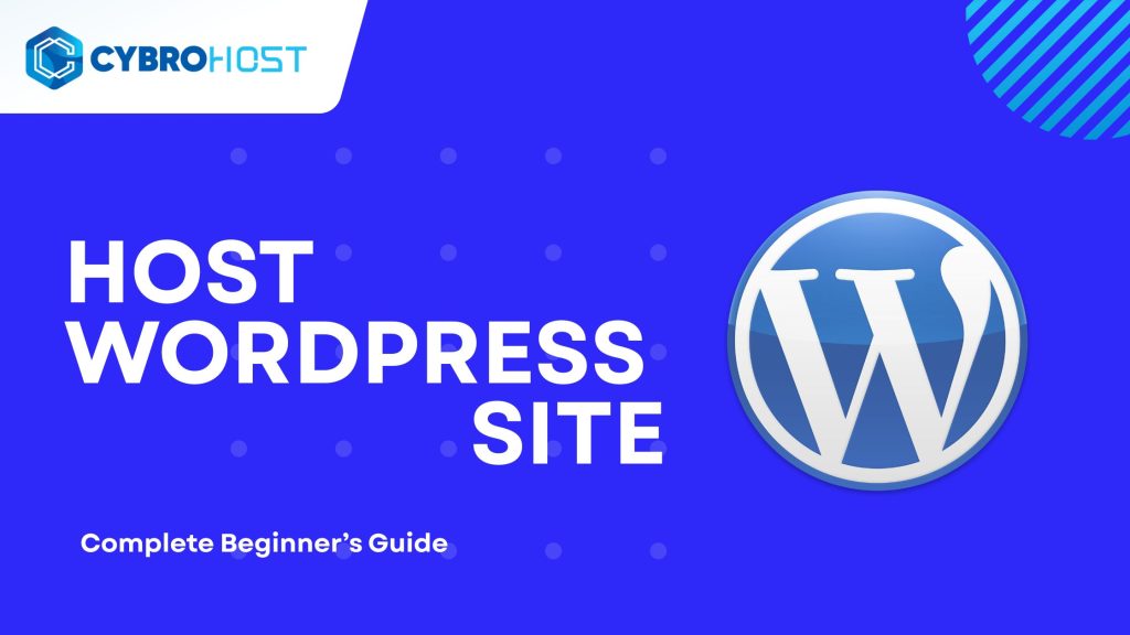 Illustration showing a laptop with a WordPress dashboard, hosting servers, a globe icon, and a rocket representing website launch.