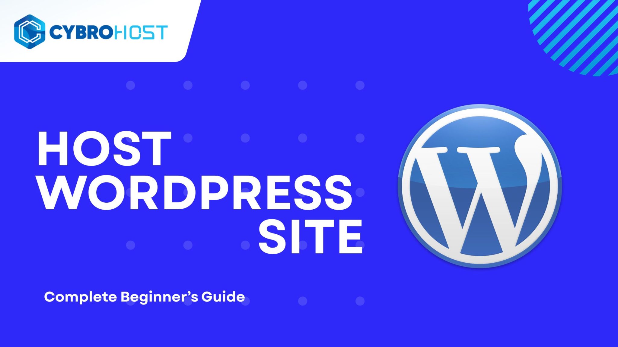 Illustration showing a laptop with a WordPress dashboard, hosting servers, a globe icon, and a rocket representing website launch.