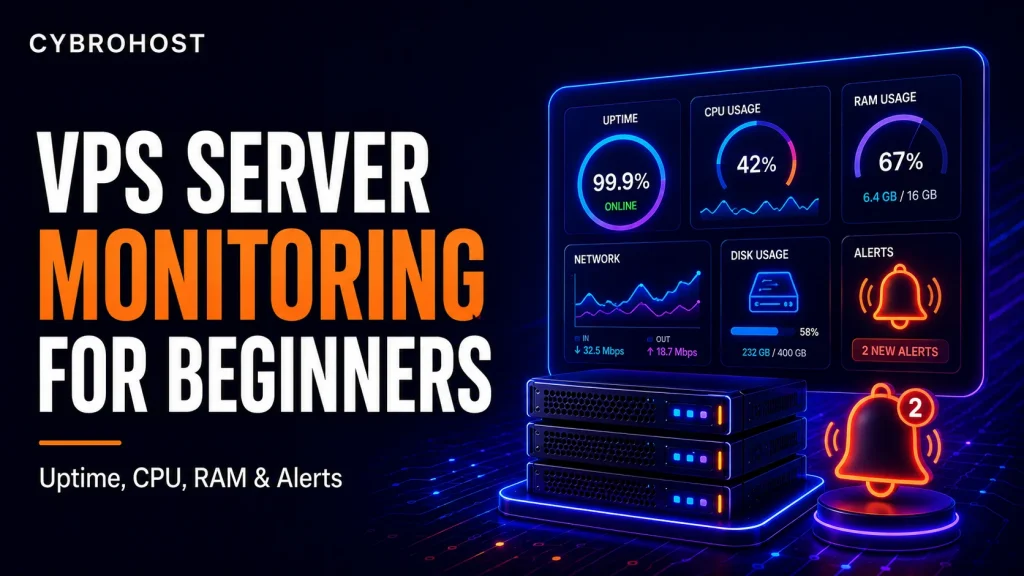 VPS server monitoring dashboard for uptime CPU RAM and traffic