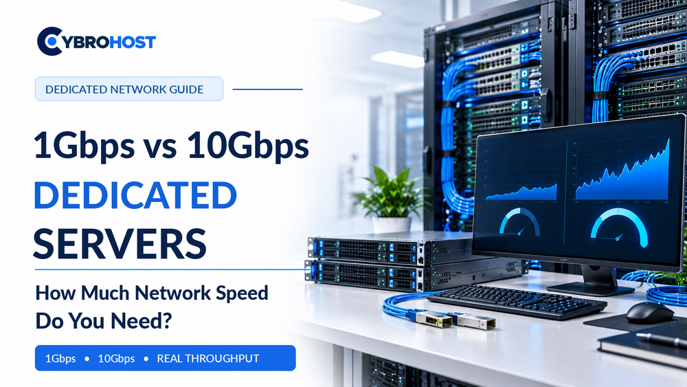 1Gbps vs 10Gbps dedicated servers network speed comparison with data center racks and throughput monitoring.