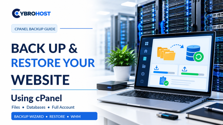 cPanel website backup and restore tutorial showing website file and database backups on a hosting dashboard.