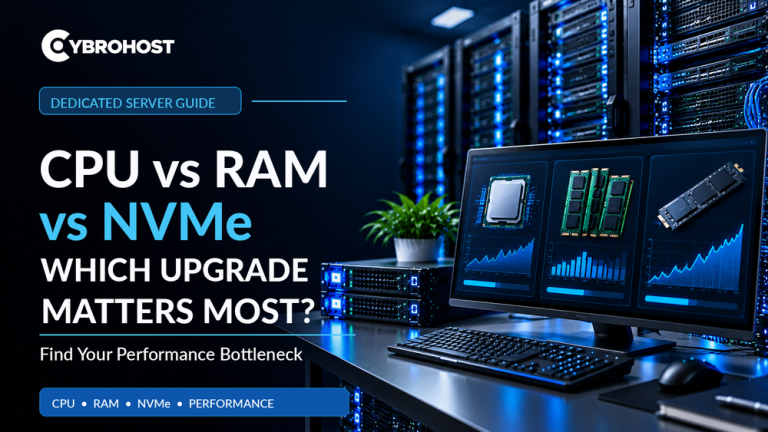 CPU vs RAM vs NVMe dedicated server upgrades illustrated by processor, memory and storage performance dashboards.