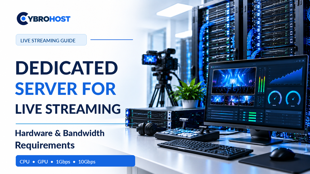 Dedicated server for live streaming with broadcast monitor, data center racks and bandwidth performance dashboard.