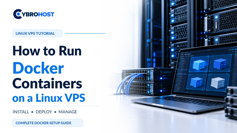 Docker containers on a Linux VPS with server racks and laptop showing container management.