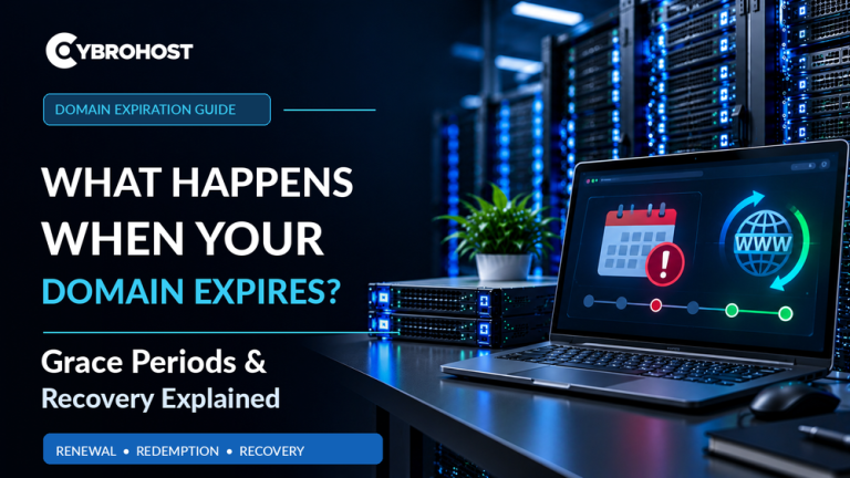 Domain expiration grace periods and recovery guide showing a renewal warning on a hosting dashboard.