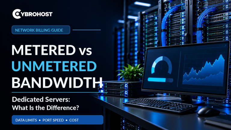 Metered vs unmetered dedicated server bandwidth with data transfer and network speed dashboard.