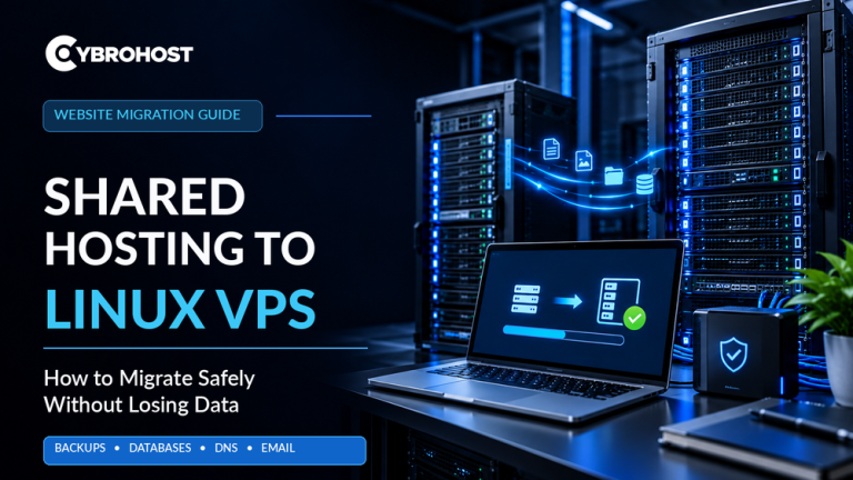 Shared hosting to Linux VPS migration showing server transfer, website files, databases and protected backups.