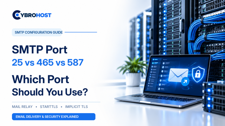SMTP port 25 vs 465 vs 587 comparison showing email-server connection settings.