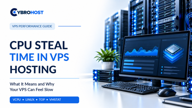 VPS CPU steal time explained with Linux server performance monitoring and CPU charts.