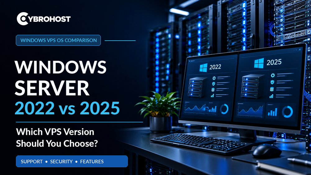 Windows Server 2022 vs 2025 VPS hosting comparison with security and performance dashboards.