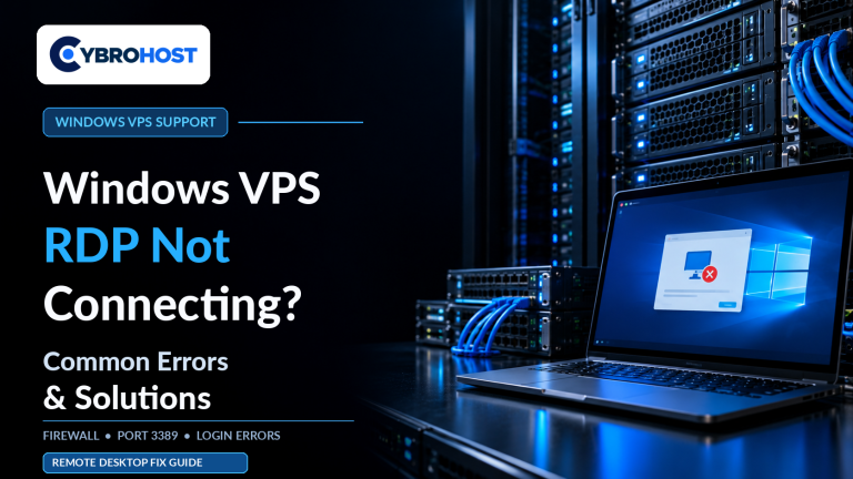 Windows VPS RDP not connecting troubleshooting guide showing a Remote Desktop error on a server laptop.